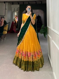Azorte Fashion Cotton Silk Thread Embroidered Lehenga with Zari Blouse & Sequin Georgette Dupatta - Stitched Festive Outfit for Women - LUV, Stitched, Unstitched