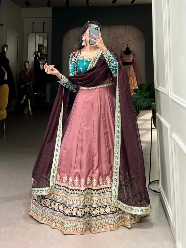 Azorte Fashion Wedding: Regal Moonga Silk Lehenga with Sequin & Thread Embroidery - Stitched Skirt, Unstitched Blouse, Embroidered Organza Dupatta - Stitched, Unstitched