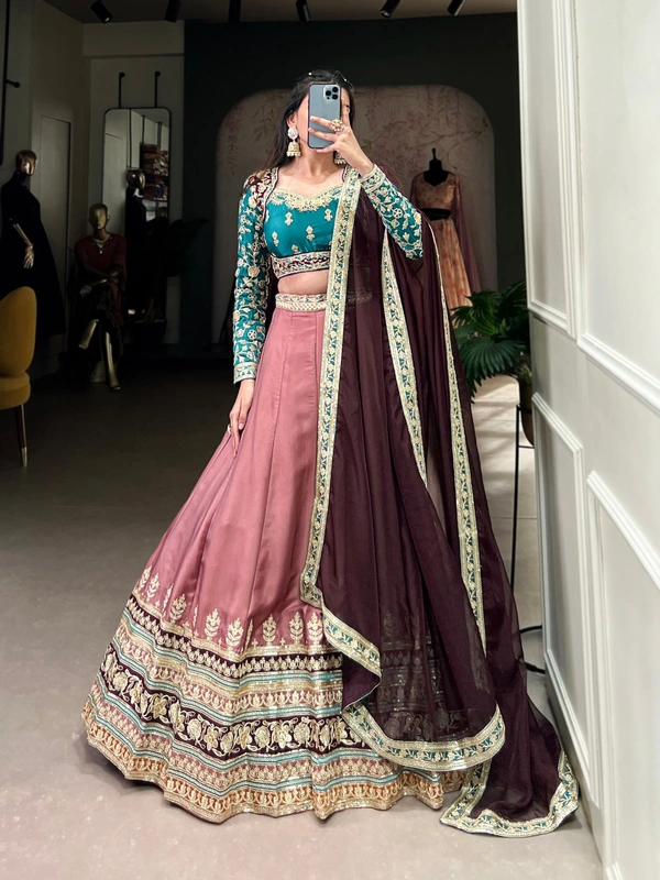 Azorte Fashion Wedding: Regal Moonga Silk Lehenga with Sequin & Thread Embroidery - Stitched Skirt, Unstitched Blouse, Embroidered Organza Dupatta - Stitched, Unstitched