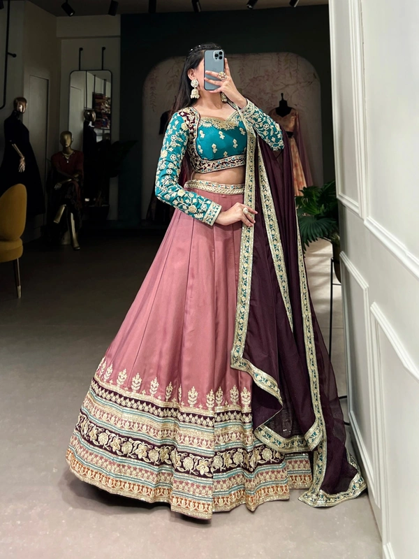 Azorte Fashion Wedding: Regal Moonga Silk Lehenga with Sequin & Thread Embroidery - Stitched Skirt, Unstitched Blouse, Embroidered Organza Dupatta - Stitched, Unstitched