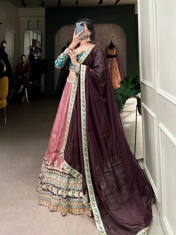 Azorte Fashion Wedding: Regal Moonga Silk Lehenga with Sequin & Thread Embroidery - Stitched Skirt, Unstitched Blouse, Embroidered Organza Dupatta - Stitched, Unstitched