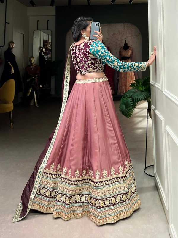 Azorte Fashion Wedding: Regal Moonga Silk Lehenga with Sequin & Thread Embroidery - Stitched Skirt, Unstitched Blouse, Embroidered Organza Dupatta - Stitched, Unstitched
