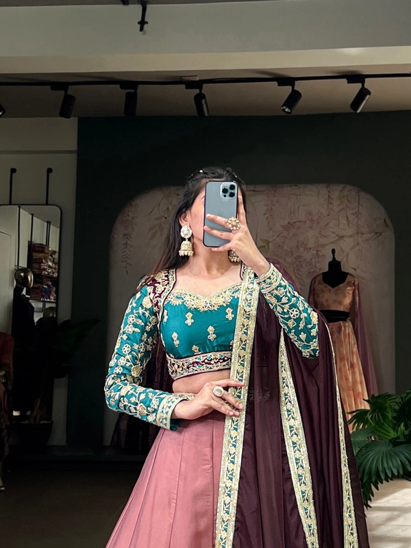 Azorte Fashion Wedding: Regal Moonga Silk Lehenga with Sequin & Thread Embroidery - Stitched Skirt, Unstitched Blouse, Embroidered Organza Dupatta - Stitched, Unstitched
