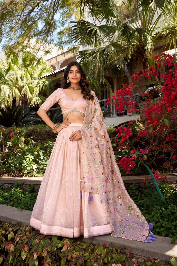 Azorte Fashion Pink Gold Crush Lehenga with All-Over Embroidery & Tassel Dupatta – Like a Rose in Full Bloom | Lehenga Collection - Stitched, Unstitched