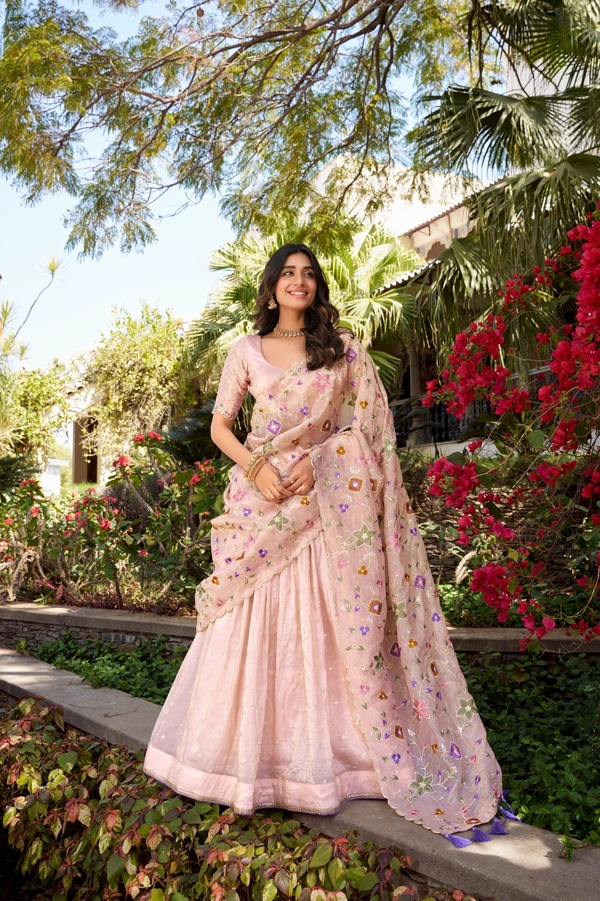 Azorte Fashion Pink Gold Crush Lehenga with All-Over Embroidery & Tassel Dupatta – Like a Rose in Full Bloom | Lehenga Collection - Stitched, Unstitched