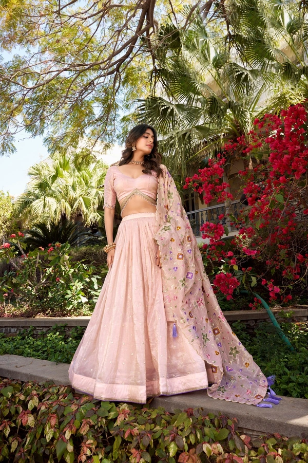 Azorte Fashion Pink Gold Crush Lehenga with All-Over Embroidery & Tassel Dupatta – Like a Rose in Full Bloom | Lehenga Collection - Stitched, Unstitched