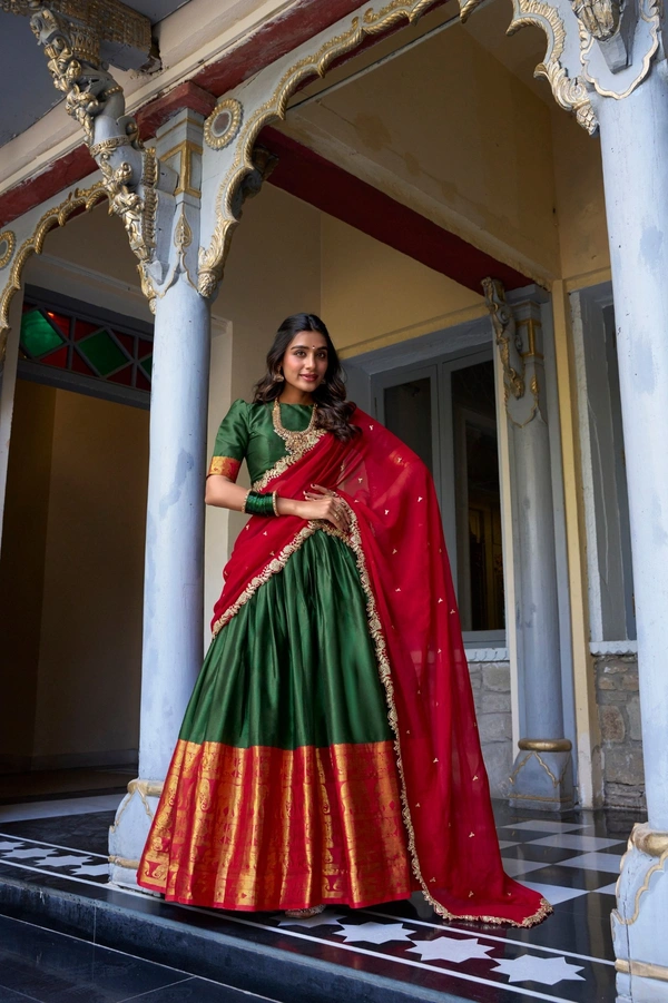 Azorte Fashion Narayan Pattu Lehenga Choli with Zari Weaving & Georgette Dupatta – South Indian Grace Meets Modern Elegance - GRN, Stitched, Unstitched