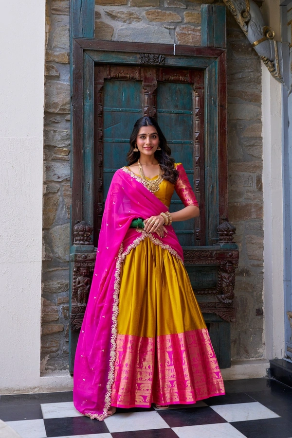 Azorte Fashion Narayan Pattu Lehenga Choli with Zari Weaving & Georgette Dupatta – South Indian Grace Meets Modern Elegance - MST, Stitched, Unstitched