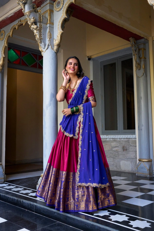 Azorte Fashion Narayan Pattu Lehenga Choli with Zari Weaving & Georgette Dupatta – South Indian Grace Meets Modern Elegance - PNK, Stitched, Unstitched