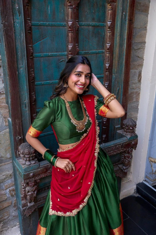 Azorte Fashion Narayan Pattu Lehenga Choli with Zari Weaving & Georgette Dupatta – South Indian Grace Meets Modern Elegance - GRN, Stitched, Unstitched