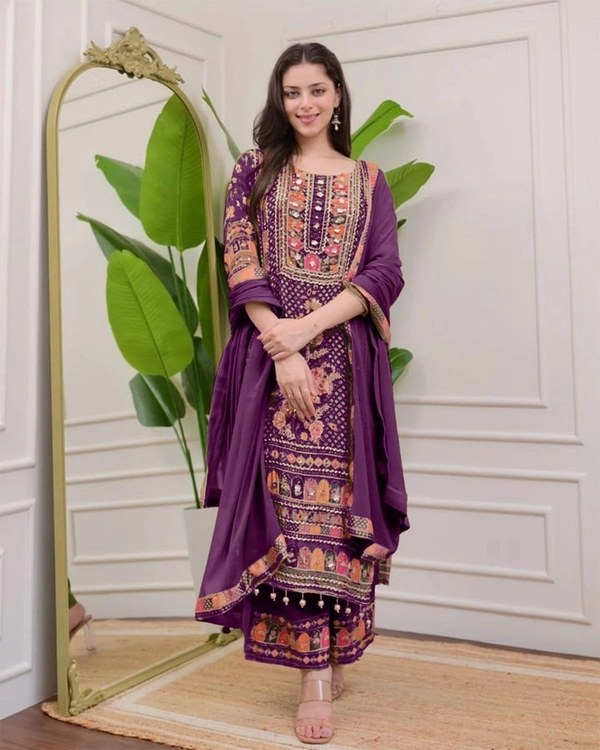 Azorte Fashion Jaipuri Designer Wear Set – Trendy Printed Top with Mirror Work, Plazzo & Dupatta - XXL