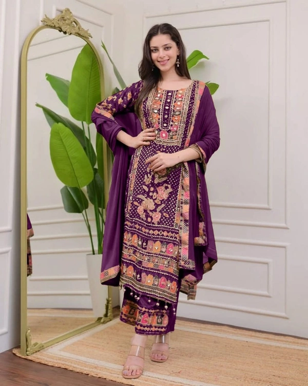 Azorte Fashion Jaipuri Designer Wear Set – Trendy Printed Top with Mirror Work, Plazzo & Dupatta - XXL