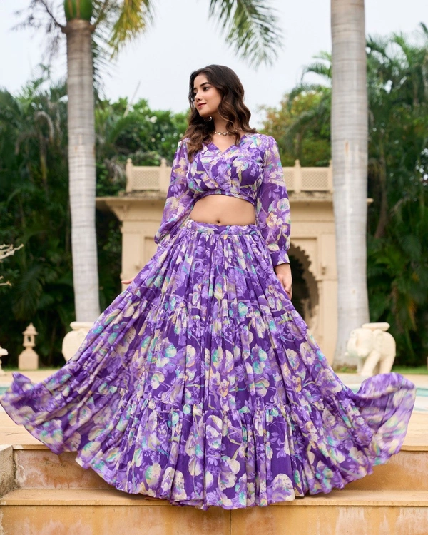 Azorte Fashion Georgette Chex Floral Print Co-ord Lehenga Set with Stitched Blouse - Amethyst, Stitched, Stitched