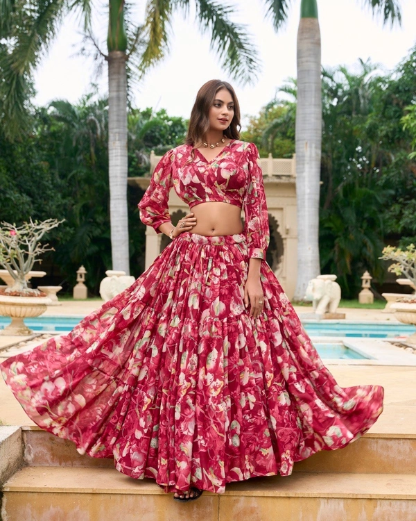 Azorte Fashion Georgette Chex Floral Print Co-ord Lehenga Set with Stitched Blouse - CRDL, Stitched, Stitched