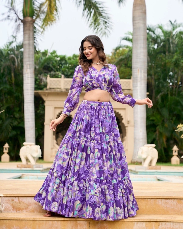 Azorte Fashion Georgette Chex Floral Print Co-ord Lehenga Set with Stitched Blouse - Amethyst, Stitched, Stitched