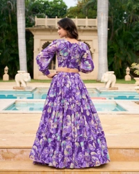 Azorte Fashion Georgette Chex Floral Print Co-ord Lehenga Set with Stitched Blouse - Amethyst, Stitched, Stitched