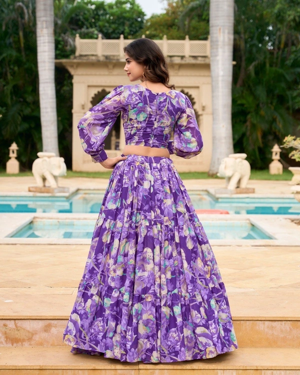 Azorte Fashion Georgette Chex Floral Print Co-ord Lehenga Set with Stitched Blouse - Amethyst, Stitched, Stitched