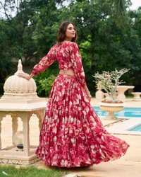 Azorte Fashion Georgette Chex Floral Print Co-ord Lehenga Set with Stitched Blouse - CRDL, Stitched, Stitched