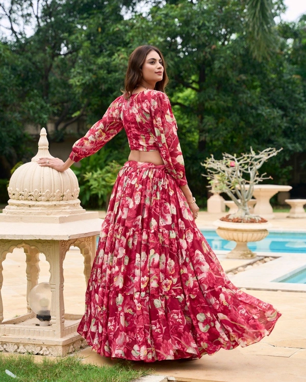 Azorte Fashion Georgette Chex Floral Print Co-ord Lehenga Set with Stitched Blouse - CRDL, Stitched, Stitched