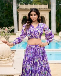 Azorte Fashion Georgette Chex Floral Print Co-ord Lehenga Set with Stitched Blouse - Amethyst, Stitched, Stitched