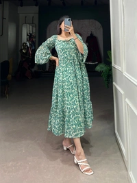 Azorte Fashion  Triple-Layer Georgette Printed Frock with 6-Meter Flair - Como, Chest: 40" (Adjustable up to 42" with 2" inner margin)
