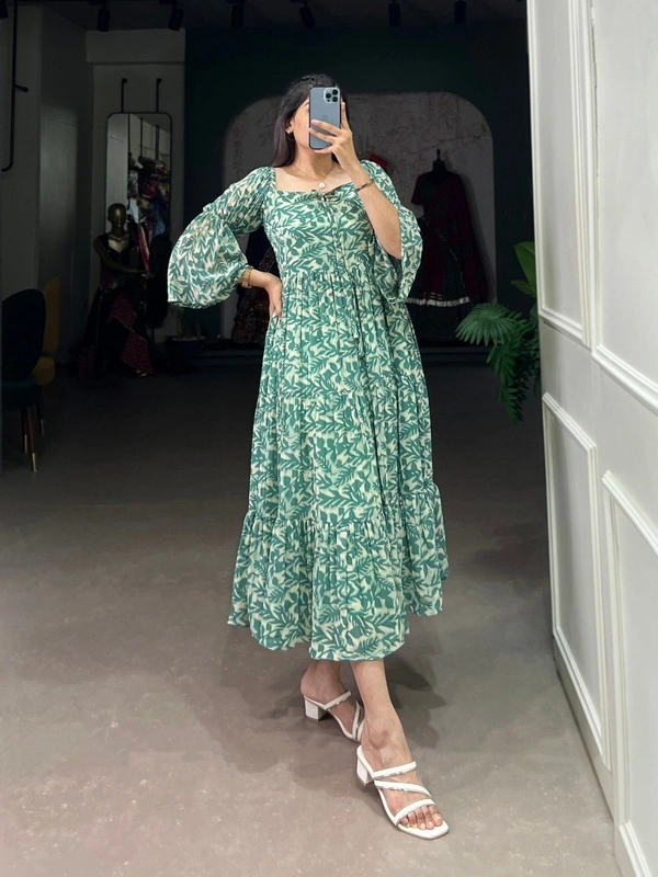 Azorte Fashion  Triple-Layer Georgette Printed Frock with 6-Meter Flair - Como, Chest: 40" (Adjustable up to 42" with 2" inner margin)