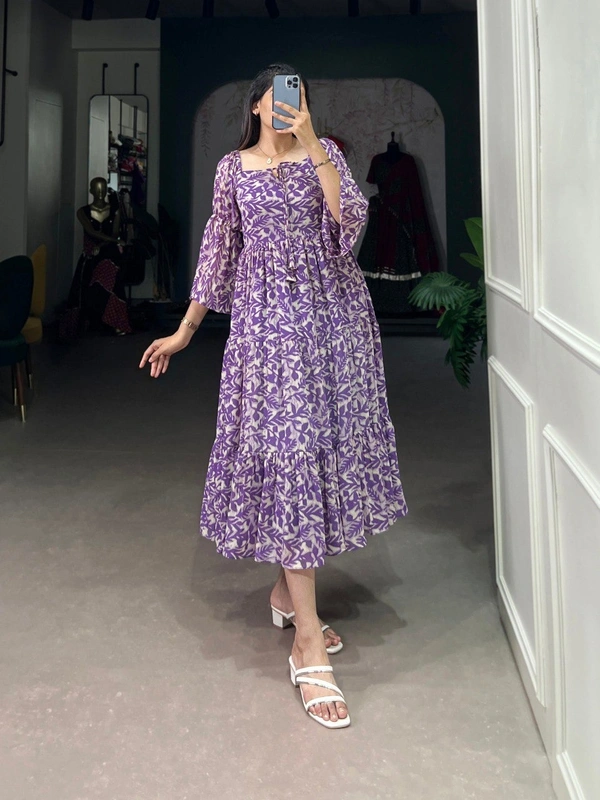 Azorte Fashion  Triple-Layer Georgette Printed Frock with 6-Meter Flair - Smoky, Chest: 40" (Adjustable up to 42" with 2" inner margin)