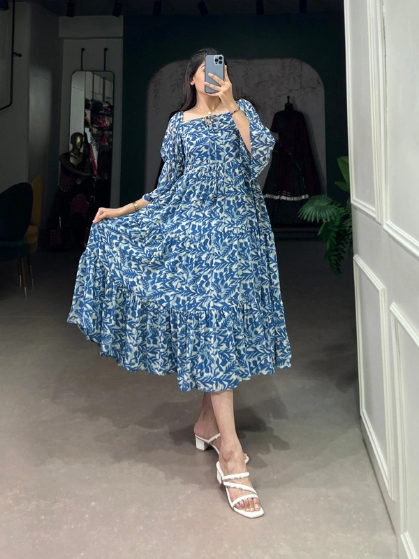 Azorte Fashion  Triple-Layer Georgette Printed Frock with 6-Meter Flair - WEDD, Chest: 40" (Adjustable up to 42" with 2" inner margin)