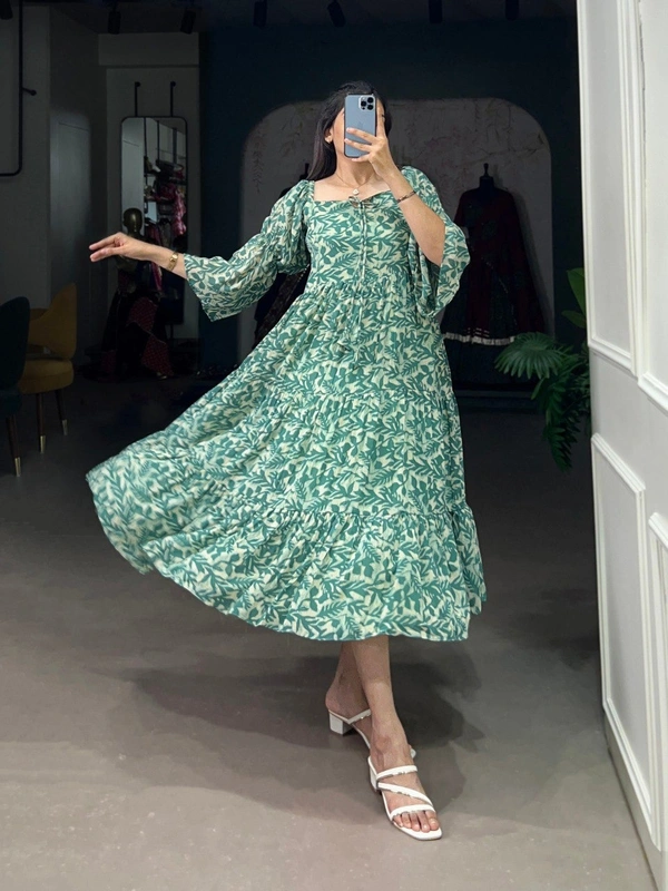 Azorte Fashion  Triple-Layer Georgette Printed Frock with 6-Meter Flair - Como, Chest: 40" (Adjustable up to 42" with 2" inner margin)
