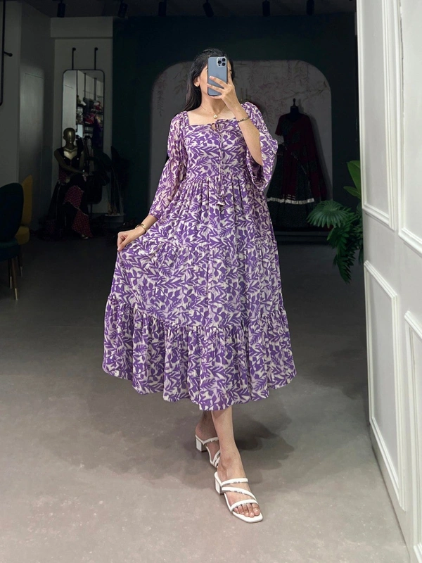 Azorte Fashion  Triple-Layer Georgette Printed Frock with 6-Meter Flair - Smoky, Chest: 40" (Adjustable up to 42" with 2" inner margin)