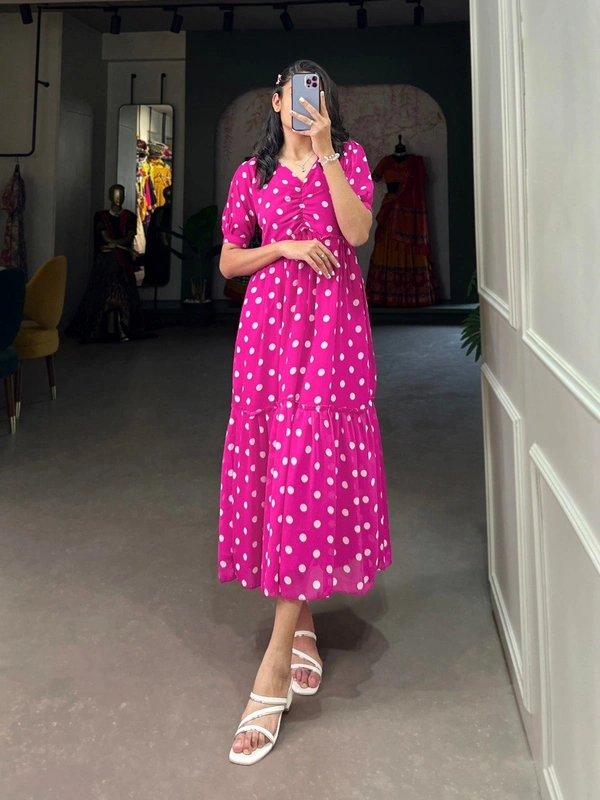 Azorte Fashion Polka Dot Georgette Long Frock with Micro Cotton Lining - REDV, Chest: 40" (Adjustable up to 42" with 2" inner margin)