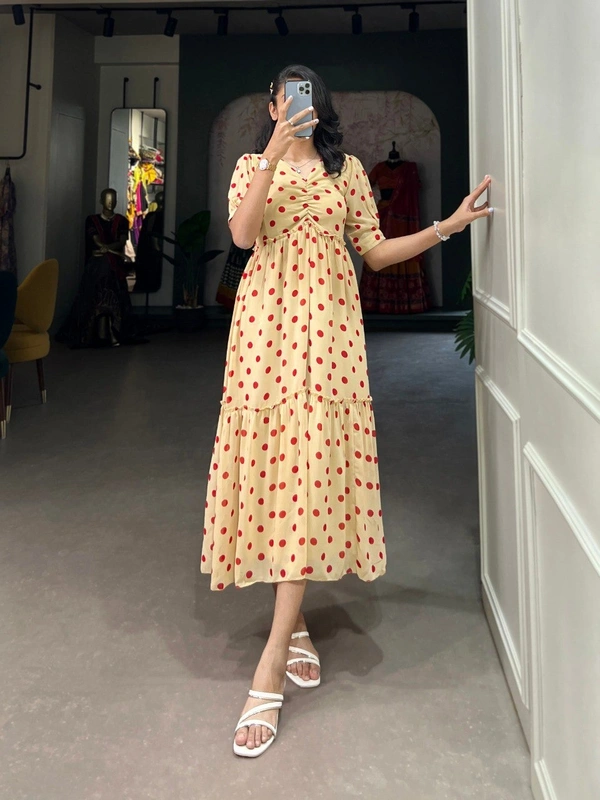 Azorte Fashion Polka Dot Georgette Long Frock with Micro Cotton Lining - CRTE, Chest: 40" (Adjustable up to 42" with 2" inner margin)