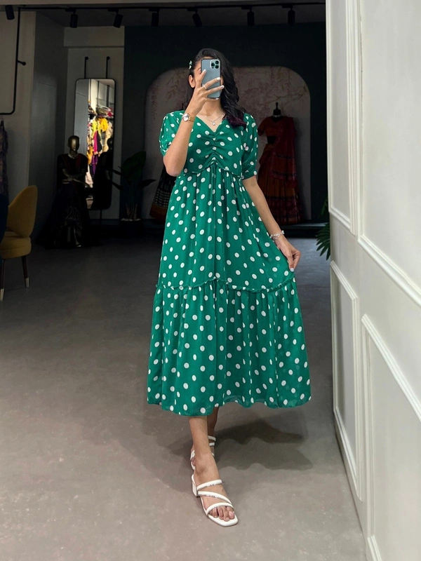 Azorte Fashion Polka Dot Georgette Long Frock with Micro Cotton Lining - EVS, Chest: 40" (Adjustable up to 42" with 2" inner margin)