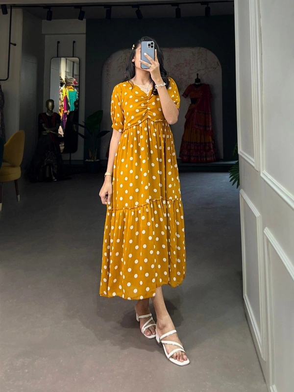 Azorte Fashion Polka Dot Georgette Long Frock with Micro Cotton Lining - Pizza, Chest: 40" (Adjustable up to 42" with 2" inner margin)