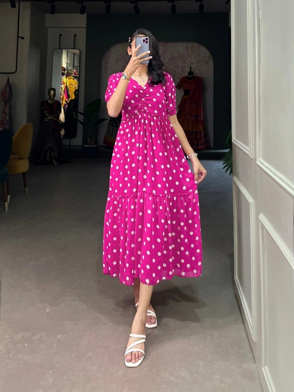 Azorte Fashion Polka Dot Georgette Long Frock with Micro Cotton Lining - REDV, Chest: 40" (Adjustable up to 42" with 2" inner margin)