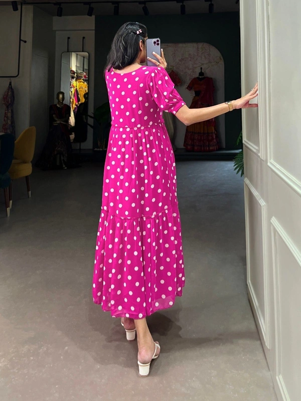 Azorte Fashion Polka Dot Georgette Long Frock with Micro Cotton Lining - REDV, Chest: 40" (Adjustable up to 42" with 2" inner margin)