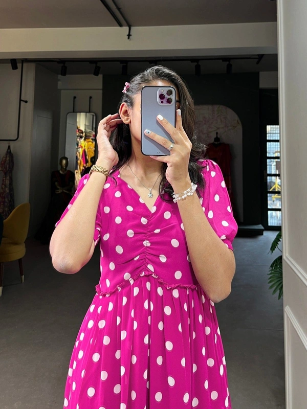 Azorte Fashion Polka Dot Georgette Long Frock with Micro Cotton Lining - REDV, Chest: 40" (Adjustable up to 42" with 2" inner margin)