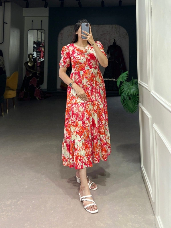 Azorte Fashion  Foil Print Rayon Layered Frock with Micro Cotton Lining - CINN, Chest: 40" (Adjustable up to 42" with 2" inner margin)