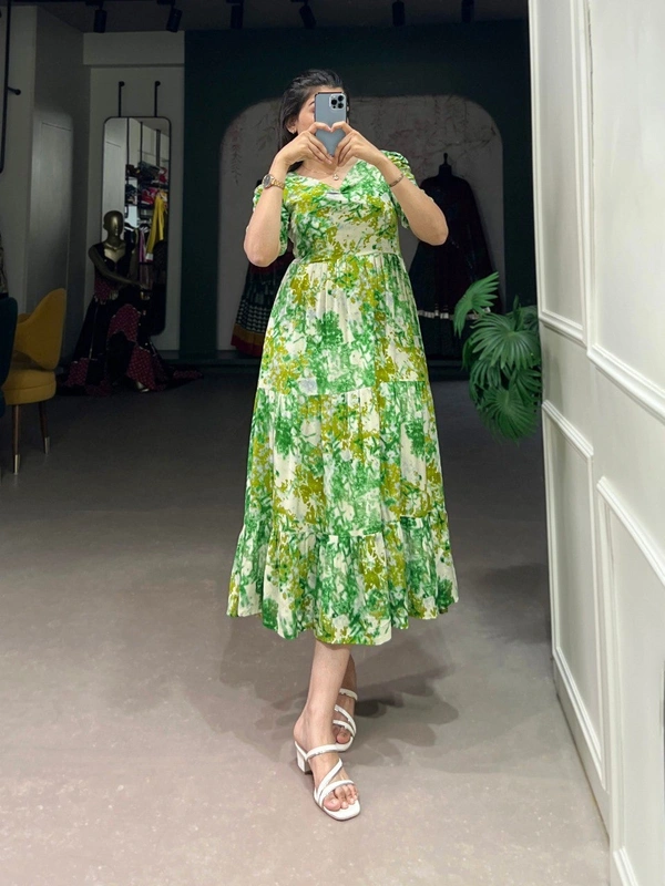 Azorte Fashion  Foil Print Rayon Layered Frock with Micro Cotton Lining - GRN, Chest: 40" (Adjustable up to 42" with 2" inner margin)