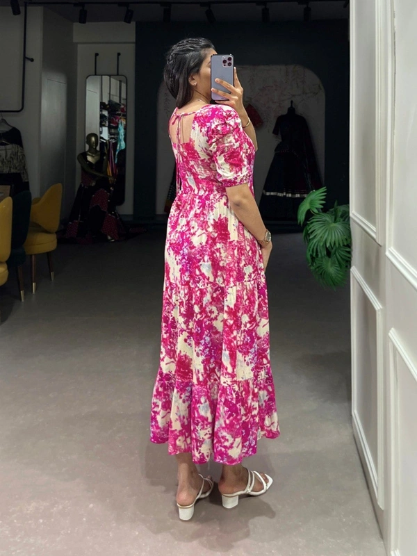Azorte Fashion  Foil Print Rayon Layered Frock with Micro Cotton Lining - CABT, Chest: 40" (Adjustable up to 42" with 2" inner margin)
