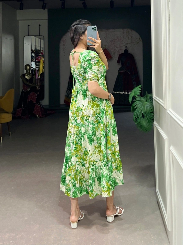 Azorte Fashion  Foil Print Rayon Layered Frock with Micro Cotton Lining - GRN, Chest: 40" (Adjustable up to 42" with 2" inner margin)
