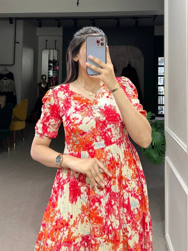 Azorte Fashion  Foil Print Rayon Layered Frock with Micro Cotton Lining - CINN, Chest: 40" (Adjustable up to 42" with 2" inner margin)
