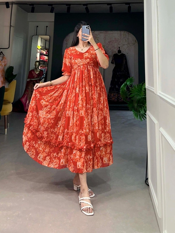 Azorte Fashion  Floral Georgette Summer Frock with Micro Cotton Lining - TABS, Chest: 40" (Adjustable up to 42" with 2" inner margin)
