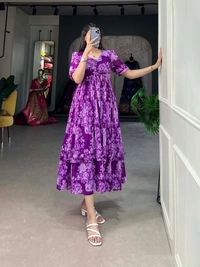 Azorte Fashion  Floral Georgette Summer Frock with Micro Cotton Lining - VVVL, Chest: 40" (Adjustable up to 42" with 2" inner margin)
