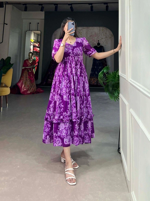 Azorte Fashion  Floral Georgette Summer Frock with Micro Cotton Lining - VVVL, Chest: 40" (Adjustable up to 42" with 2" inner margin)