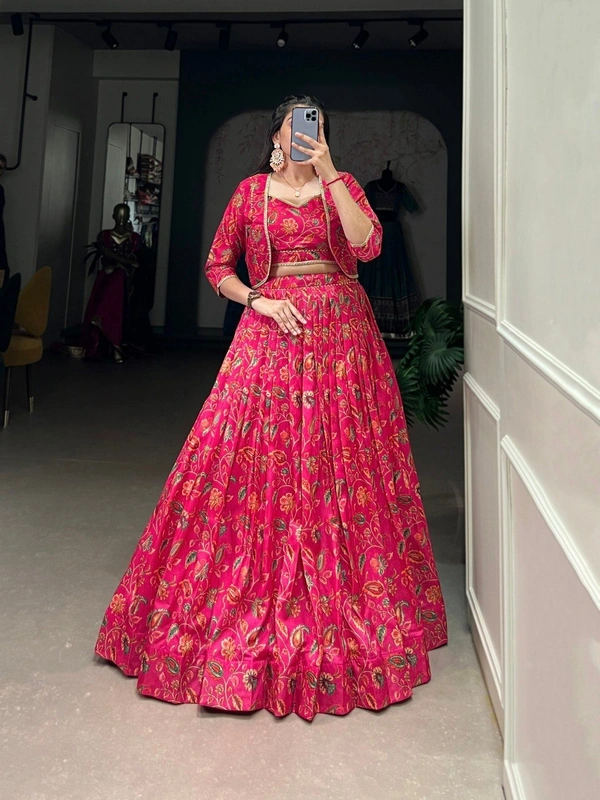 Azorte Fashion  Tussar Silk Floral Print Wedding Lehenga with Blouse and Lace-Trim Koti - Stitched, Stitched