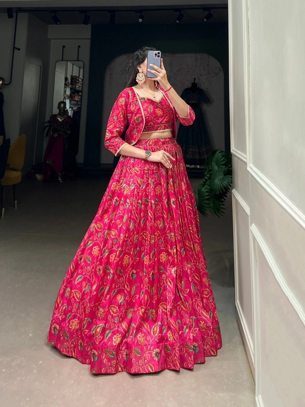 Azorte Fashion  Tussar Silk Floral Print Wedding Lehenga with Blouse and Lace-Trim Koti - Stitched, Stitched