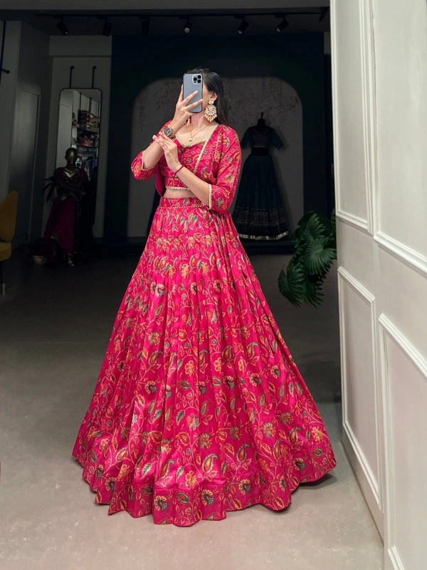 Azorte Fashion  Tussar Silk Floral Print Wedding Lehenga with Blouse and Lace-Trim Koti - Stitched, Stitched