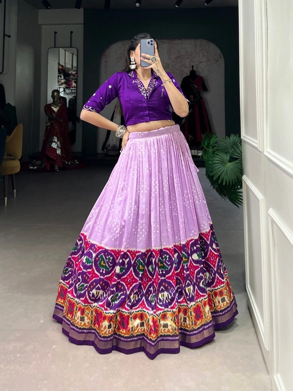 Azorte Fashion Tussar Silk Co-ord Set with Bandhej Patola Print Lehenga & Mirror Work Blouse - Stitched, Stitched