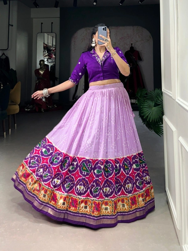 Azorte Fashion Tussar Silk Co-ord Set with Bandhej Patola Print Lehenga & Mirror Work Blouse - Stitched, Stitched